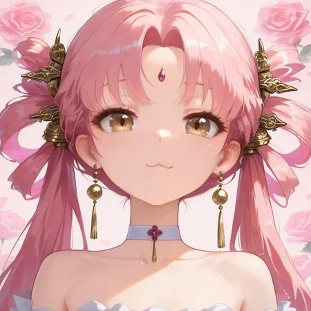 (fuxuan:1.1),(pink hair:1.3), long hair,(twintails:1.1),hair rings,hair ornament,forehead jewel,brown eyes,
(masterpiece, best quality), pink rose background, profile, close shot,  :3, white choker, closed eyes, flower, bare_shoulders, collarbone, earrings, jewelry, (flower, rose:1.5), hair behind ear, facing_away, Simple background
