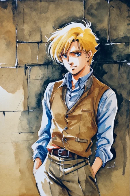 solo, blonde hair, male focus, 1boy, blue eyes, vest, watercolor (medium), painting (medium), traditional media, pants, long sleeves, short hair, retro artstyle, shirt, belt, traditional media, watercolor (medium),<lora:Haruhiko Mikimoto_XL_V2:0.8>,