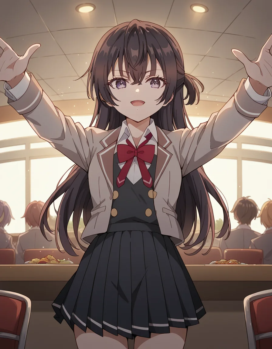 score_9, score_8_up, score_7_up, source_anime, <lora:yuki-suou-s1-ponyxl-lora-nochekaiser:1>, yuki suou, long hair, bangs, brown hair, black hair, hair between eyes, purple eyes, half updo,, shirt, bow, school uniform, jacket, white shirt, collared shirt, bowtie, red bow, blazer, red bowtie, black skirt, pleated skirt,, restaurant, laughter, good food, warm lighting, celebration, , , on back, arm support, arms up, incoming hug, pov, reaching, reaching towards viewer,, solo,, cowboy shot, dutch angle