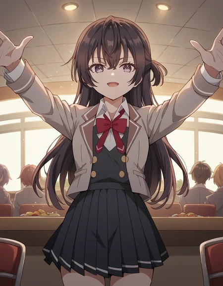 score_9, score_8_up, score_7_up, source_anime, <lora:yuki-suou-s1-ponyxl-lora-nochekaiser:1>, yuki suou, long hair, bangs, brown hair, black hair, hair between eyes, purple eyes, half updo,, shirt, bow, school uniform, jacket, white shirt, collared shirt, bowtie, red bow, blazer, red bowtie, black skirt, pleated skirt,, restaurant, laughter, good food, warm lighting, celebration, , , on back, arm support, arms up, incoming hug, pov, reaching, reaching towards viewer,, solo,, cowboy shot, dutch angle