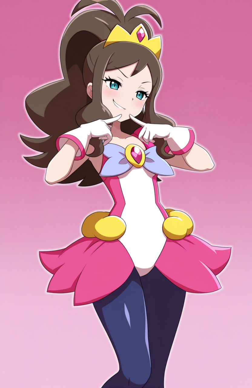 1girl, solo, 
, magical girl suit, peplum top, flared skirt, pantyhose, gloves, ribbon brooch, tiara, hilda \(pokemon\), brown hair,
standing, chin lifted, suggestive eyes, gentle smirk, captivating allure,  <lora:SevenSirens:1> svnsrn, extremely detailed, highres, masterpiece, best quality