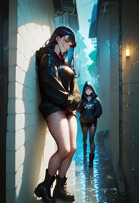 score_9, score_8_up, score_7_up, score_6_up, score_5_up, score_4_up, 1girl, (score_9, score_8_up:1.1),((( long straight hair,1,5))), (dark blue hair:1.5), blunt bangs, (green eyes), voluptuous, pale skin, white pale skin,shy smile ,HD32k, wearing long oversized hoodie, baggy shirt, hood up, wearing fishnet tights, wearing black combat boots, leaning against wall, in dark alley, (((nighttime,))) raining, wet, heavy rain, full body shot,
