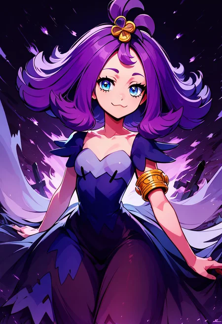 score_9, score_8_up, score_8, medium breasts, (curvy), cute, eyelashes,
rating safe,
BREAK,
acerola (pokemon), purple hair, purple hair, topknot, flipped hair, collarbone, purple dress, stitches, multicolored dress, armlet,
BREAK,
smile, looking at viewer,
graveyard, floating fires, nightmare background,
zPDXL,