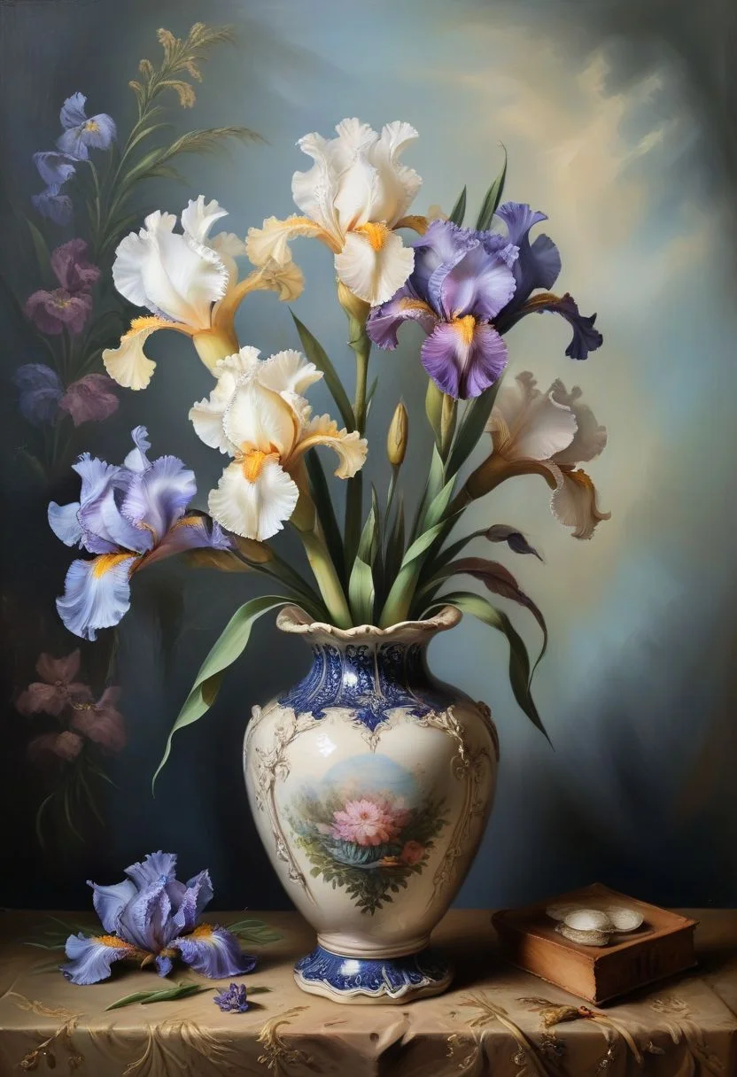 impressive surreal bearded iris flowers in nice vase, still life oil painting