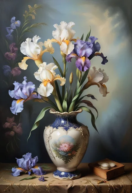 impressive surreal bearded iris flowers in nice vase, still life oil painting
