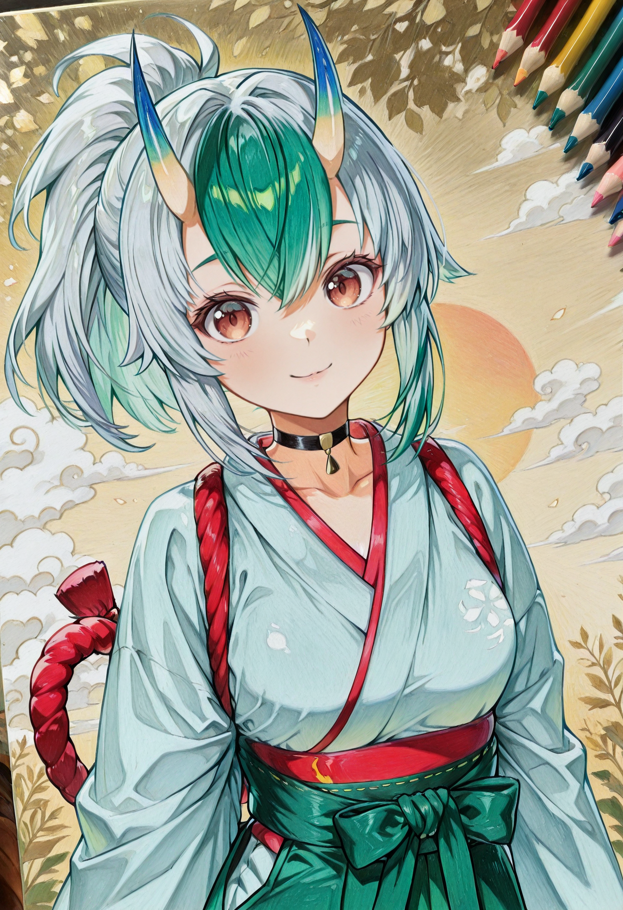 wrathfemkumodesu, ponytail, oni horns, blue horns, multicolored hair, green hair, light grey hair, japanese clothes, green hakama, black choker, rope, colorpencilstyle, color pencil art, traditional media, abstract background, high contrast,looking at viewer,light_smile, close up, limited_palette, two toned colors,<embedding :lazypos.safetensors> ,<segment:yolo-AnzhcFace-seg_640_v3_y11n.pt-1,0.35,0.25//cid=11>,