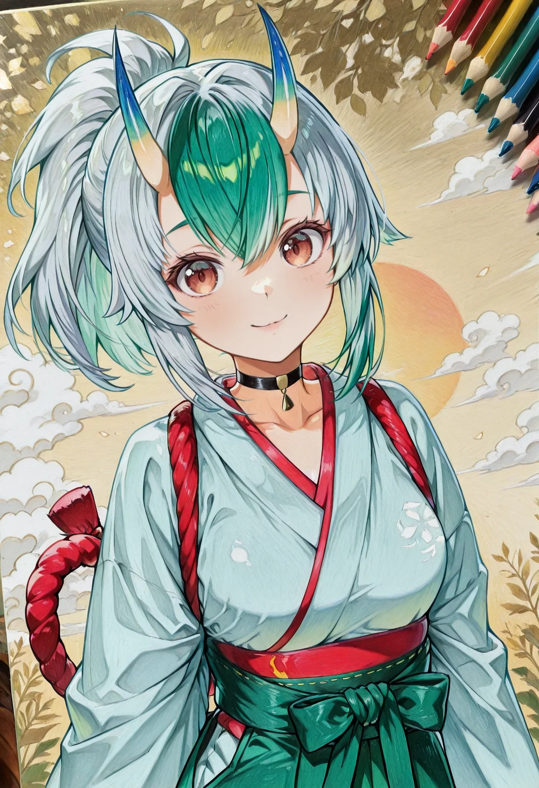 wrathfemkumodesu, ponytail, oni horns, blue horns, multicolored hair, green hair, light grey hair, japanese clothes, green hakama, black choker, rope, colorpencilstyle, color pencil art, traditional media, abstract background, high contrast,looking at viewer,light_smile, close up, limited_palette, two toned colors,<embedding :lazypos.safetensors> ,<segment:yolo-AnzhcFace-seg_640_v3_y11n.pt-1,0.35,0.25//cid=11>,