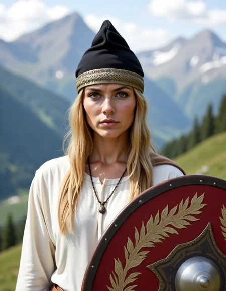 Dacian a woman with a falx and a white shirt is standing in front of a mountain. Woman wear a dacian hat and hold a dacian decorated ovel shield. <lora:DaciiV6:1>
