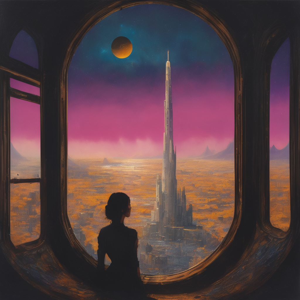 Retro-futuristic spaceship soaring through deep space, metallic surfaces reflecting bold, (bright metallic paints:1.2), hints of a dystopian atmosphere and landscapes, sharp silhouettes, a blend of high-tech and organic shapes, dramatic contrasts of light and shadow, evokes a sense of mystery and exploration, woman looking out from a window