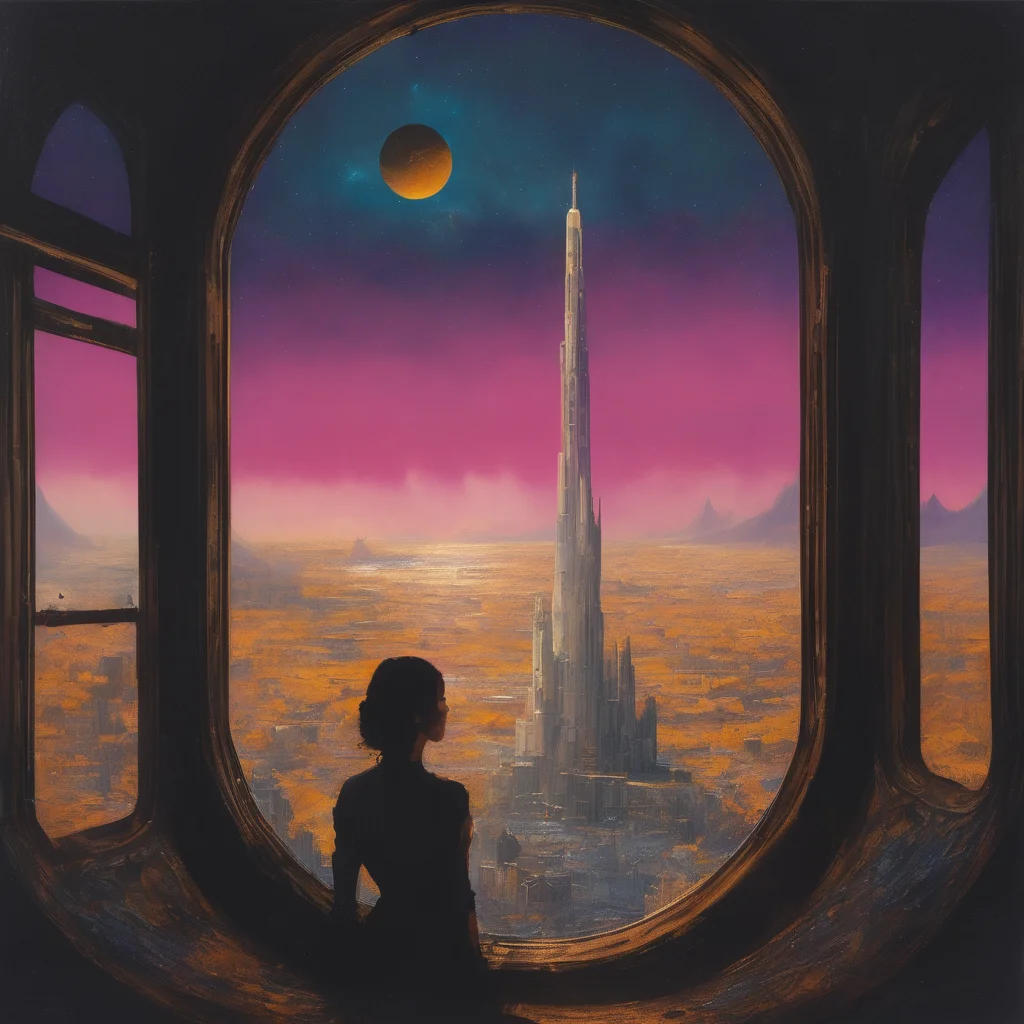 Retro-futuristic spaceship soaring through deep space, metallic surfaces reflecting bold, (bright metallic paints:1.2), hints of a dystopian atmosphere and landscapes, sharp silhouettes, a blend of high-tech and organic shapes, dramatic contrasts of light and shadow, evokes a sense of mystery and exploration, woman looking out from a window