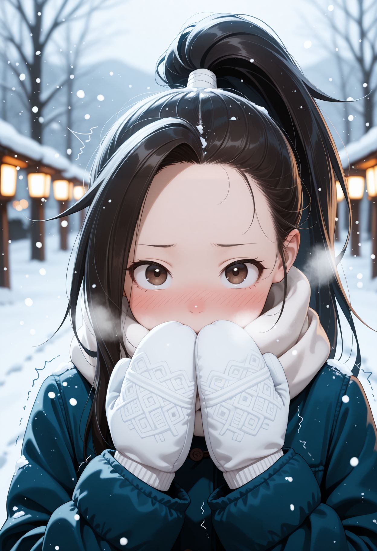masterpiece,best quality,absurdres,highres,very aesthetic,high quality,detailed,insanely detailed,beautiful,perfect lighting, ,depth of field,blurry background,bokeh, looking at viewer, 
 <lora:Tsubaki illu:1> 1girl, black hair, high ponytail, long hair, brown eyes, forehead, winter clothes, snow, nose blush, snowing, blush, trembling, mittens, sneezing