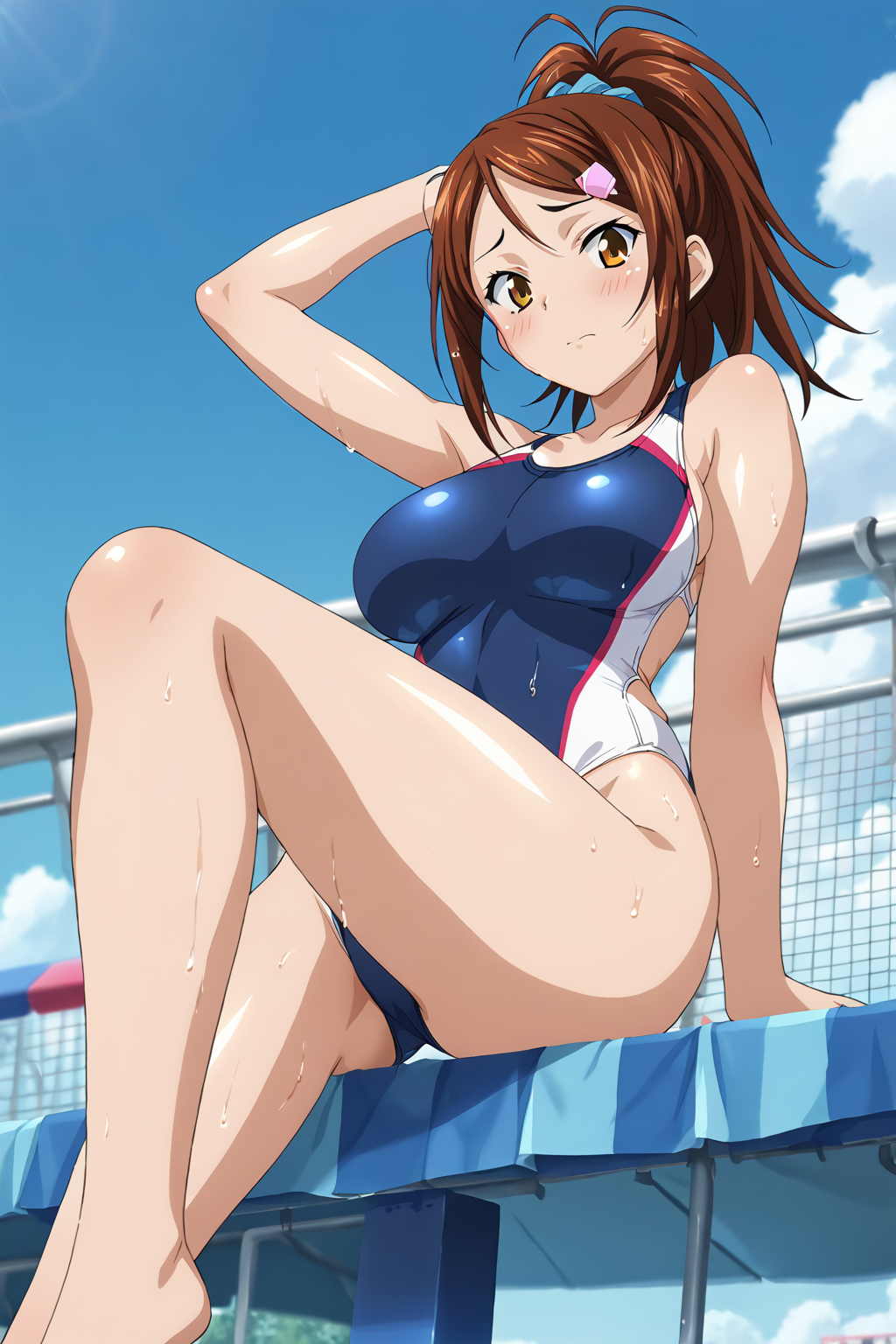 score_9, score_8_up, score_7_up, BREAK source_anime, masterpiece, anime screencap, shiny skin,
1girl, bachou mouki, long hair, ponytail, brown hair, hairclip, blue scrunchie, brown eyes, large breasts,  <lora:bachou_pony-000015:0.8>
competition swimsuit, blush,