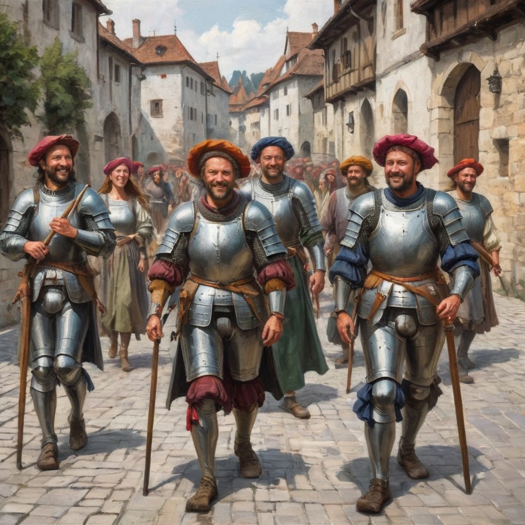 safe_pos, A gang of landsknechts walks along the street of a medieval city with long spears and smiles, large berets with many feathers, worn-out breast armor, wide sleeves with a lot of slits, a lot of multi-colored folds of fabric on the sleeves, multi-colored worn out unkempt clothes,