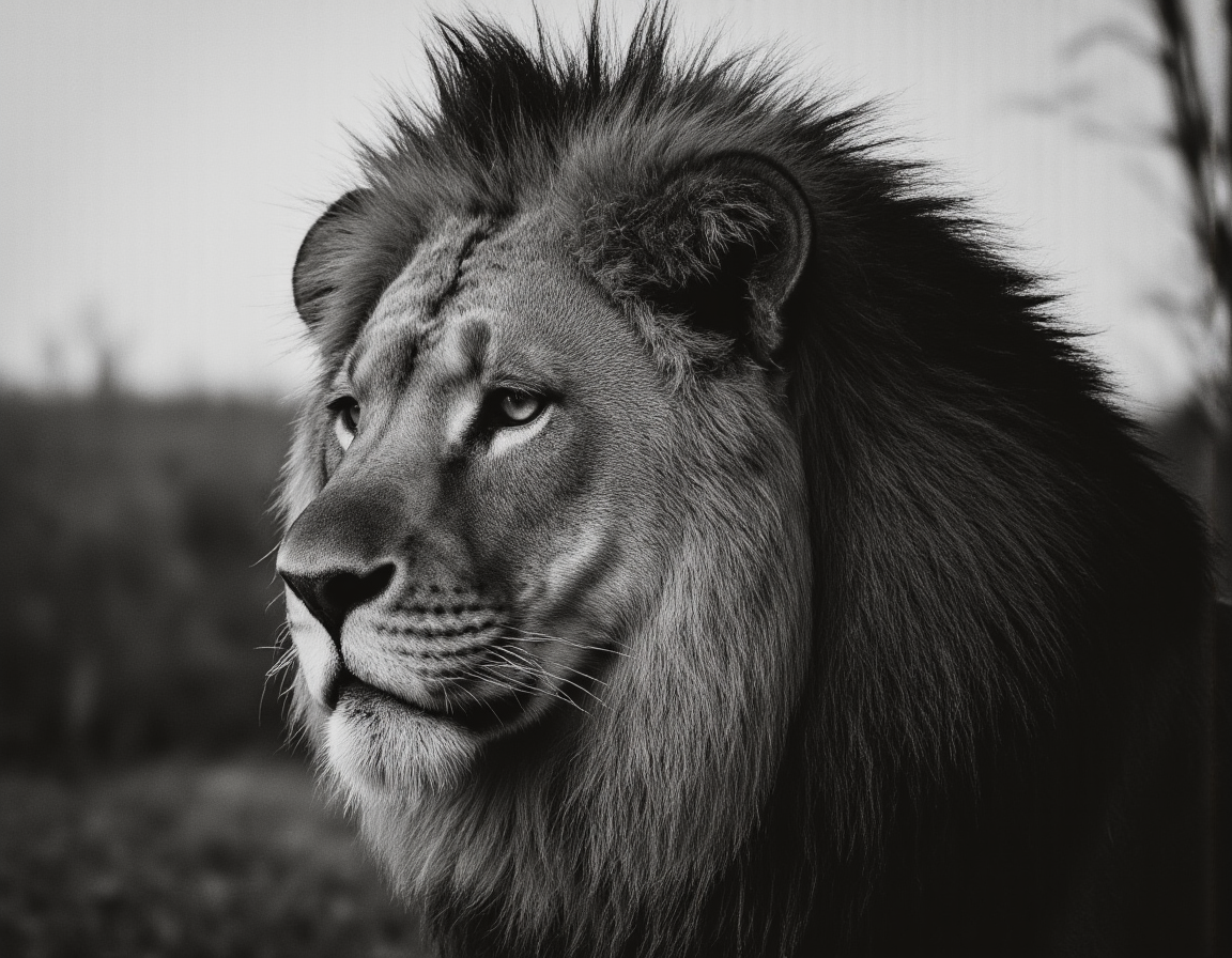 <lora:BWMonochrome:0.85> mono, Monochromatic wildlife portrait, photorealistic 8k, a majestic lion, close-up, detailed fur texture, intense gaze, soft window light, shallow depth of field, blurred savanna background, focus on the lion's expressive eyes and powerful mane . 35mm photograph, film, bokeh, professional, 4k, highly detailed