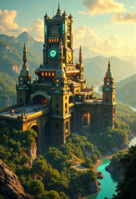 CAICO, Inkpunk Anime, detailed photorealistic image, vibrant earthtone colors, a_skynet_cyberdyne_craft, the image is featuring a sunlit scene of a stone armoured fortress on a jungle landscape of rivers and forest, with gleaming golden towers, black and gold alloy surfaces with high-end circuitry, blueband green glowing diodes and lights, giving a highly advanced, industrial military look, with large plasma cannons and rocket launchers; large depth of field