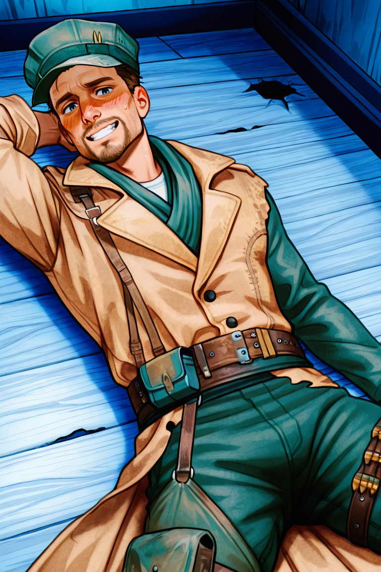 score_9, score_8_up, score_7_up, score_6_up, perfect anatomy, perfect proportions, best quality, masterpiece, high_resolution, high quality, best aesthetic, incredibly absurdres, highres, extremely detailed, huge filesize, solo male, adult, mature, masculine, manly, handsome, charming, alluring, standing, upper body, dutch angle, cowboy shot, perfect face,  Robert MacCready\(Fallout 4\), FO4MacCready, brown hair, short hair, blue eyes, facial hair, beard, MacCready_Outfit, white undershirt, tan duster coat, heavily damaged leather duster, green scarf, utility cover, utility cap with two rifle rounds, combat webbing sling, olive green fatigues pants, tactical pouch on right thigh, leg bandolier, indoors, lying on wooden floor, lying on back, spread legs, hand behind head, grin, bashful, blush, embarrassed, nervous, Fallout 4 location, post-apocalyptic ruins, desolated landscap