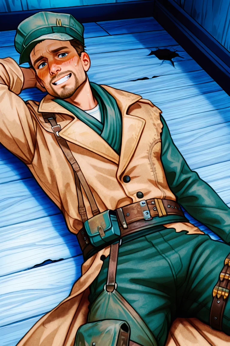 score_9, score_8_up, score_7_up, score_6_up, perfect anatomy, perfect proportions, best quality, masterpiece, high_resolution, high quality, best aesthetic, incredibly absurdres, highres, extremely detailed, huge filesize, solo male, adult, mature, masculine, manly, handsome, charming, alluring, standing, upper body, dutch angle, cowboy shot, perfect face, Robert MacCready\(Fallout 4\), FO4MacCready, brown hair, short hair, blue eyes, facial hair, beard, MacCready_Outfit, white undershirt, tan duster coat, heavily damaged leather duster, green scarf, utility cover, utility cap with two rifle rounds, combat webbing sling, olive green fatigues pants, tactical pouch on right thigh, leg bandolier, indoors, lying on wooden floor, lying on back, spread legs, hand behind head, grin, bashful, blush, embarrassed, nervous, Fallout 4 location, post-apocalyptic ruins, desolated landscap