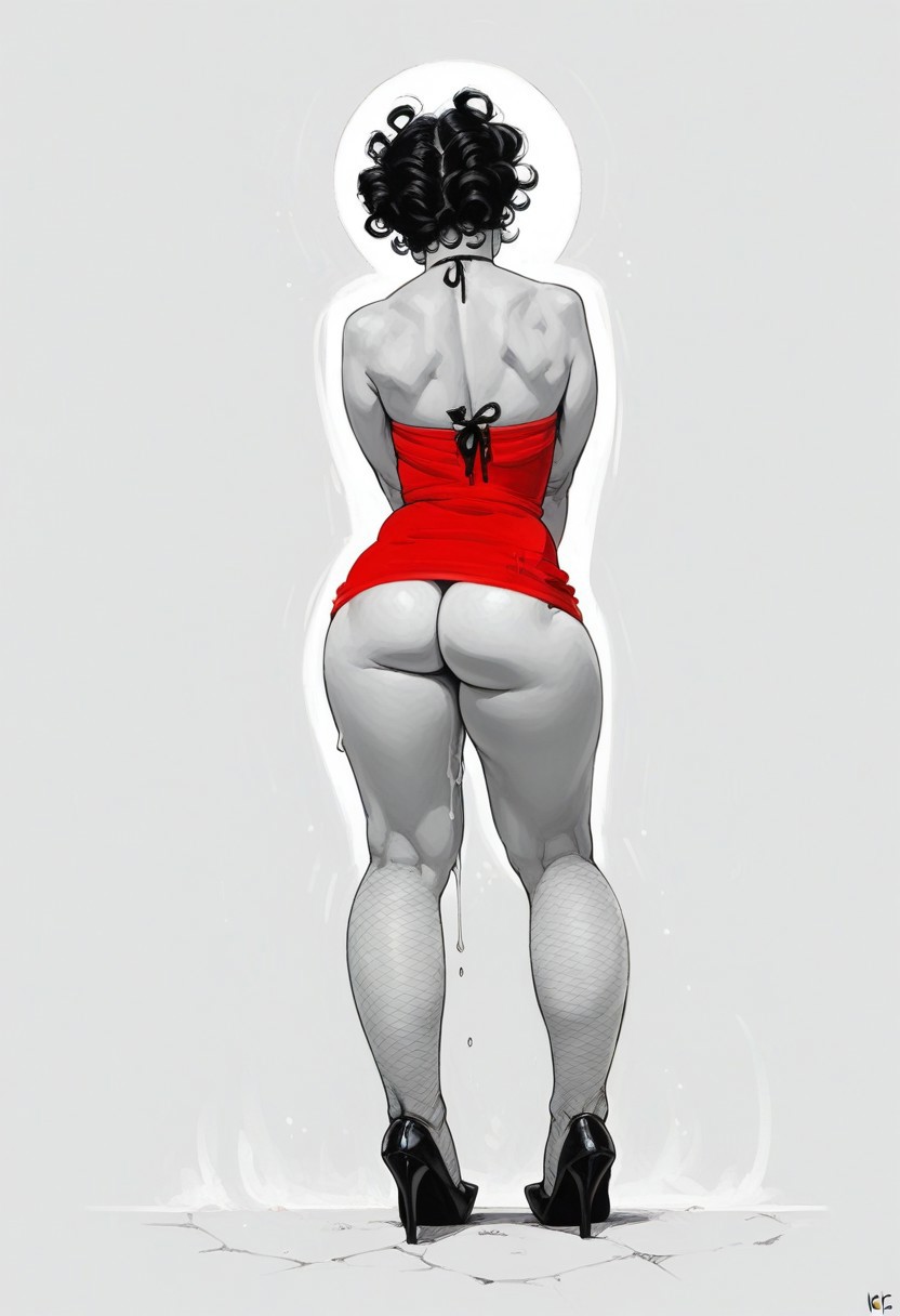 score_9, score_8_up, score_7_up, 1girl,  narrow waist, seductive expression, thick lips, athletic, toned thighs,  arched back,  dripping, dark eyes, from behind, ass,
/, monochrome background,
/, standing, in city, 
/, BettyB00p, Red Dress, fishnets, high heels, curly hair, jewellery,