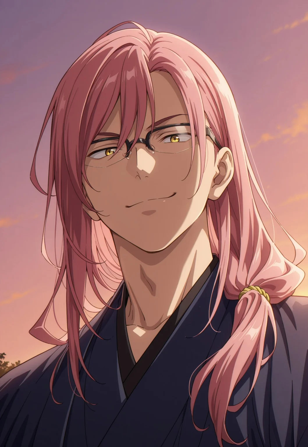 masterpiece,best quality,amazing quality, detailed details, shaded, detailed shading, detailed skin, shaded skin, realistic shading, countershading:1.1, outdoors, evening, low angle view, close-up, 1boy, male focus, solo, Kaoru Sakurayashiki, pink hair, yellow eyes, japanese clothes, smirk, looking at viewer, glasses