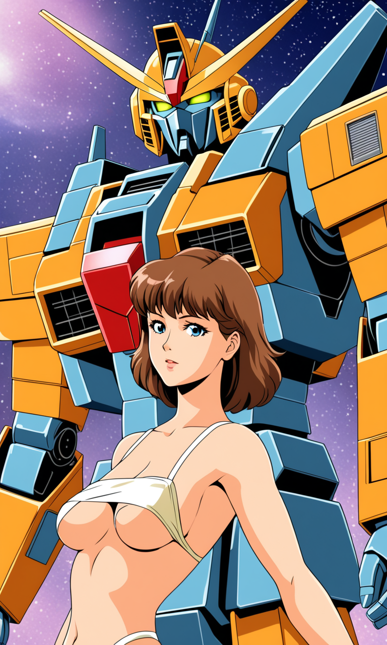 1980s_(Style), retro_artstyle, 3ighti3sstyl3, 1woman, revealing clothes, blush, solo focus, background:mecha, gundam, science_fiction  