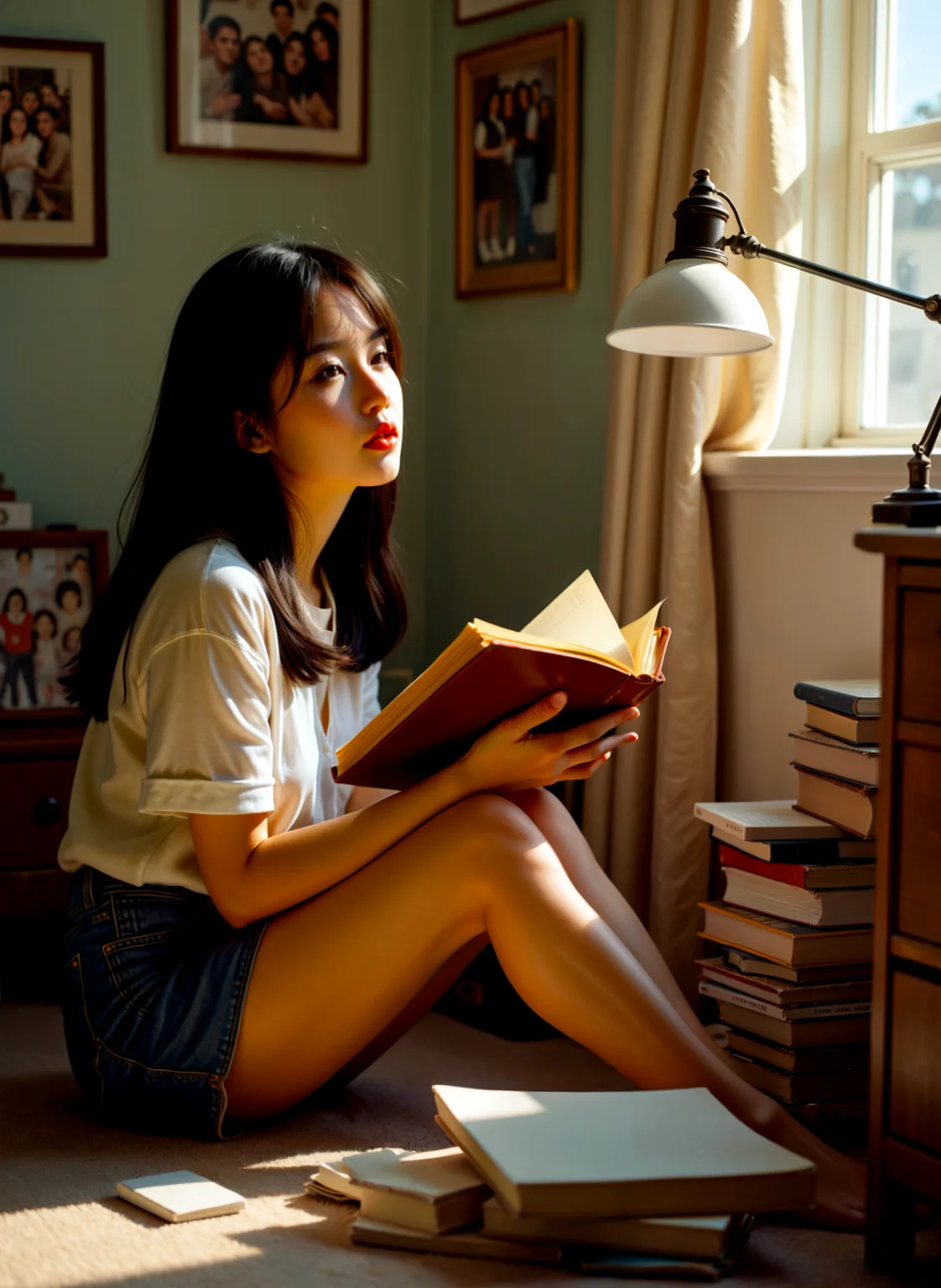 cinematic film still a young woman sitting on the floor in a room with a window in the background. She is holding a book in her hands and appears to be engrossed in it. The woman is wearing a white blouse and denim shorts and has long dark hair. There are several other books scattered around her, including a stack of books and a lamp on the right side of the image. On the wall behind her, there are several framed pictures hanging. The room is bright and airy, with natural light coming in from the window. <lora:add-detail-xl:.5>  <lora:Flux-style-xl-lora:.5>