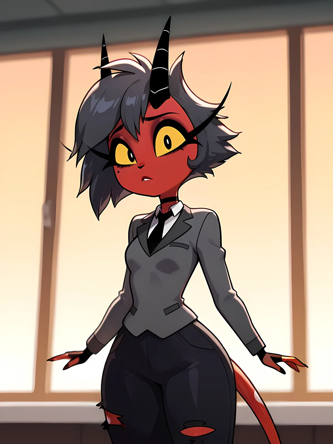 masterpiece, best quality, high quality, cinematic shadow, character focus, cowboy shot, small breasts, <lora:millie22:1>,millie,no humans, demon horns,short hair,grey hair, colored skin,red skin,demon girl,bangs, colored sclera,yellow sclera, black eyes, demon tail,mole under eye,(shortstack:1.4),millieagent,black choker, white shirt, grey jacket, necktie, ripped pants,
looking at viewer,