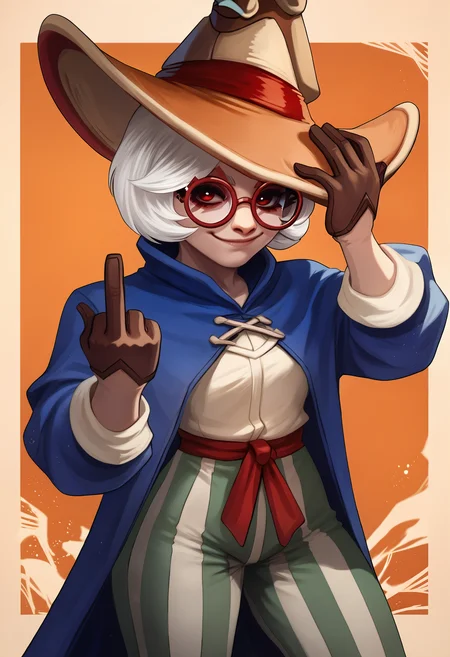 score_9, score_7_up BREAK abstract background,orange background,solo,purah, white hair, red eyes, red glasses,alternate costume,cosplay,ziggy, wizard hat, striped pants, cloak, robe, brown gloves,middle finger,smug,closed mouth,looking at viewer,pose,aura, magic <lora:Ziggy-pdxl_Fp:1> <lora:purah-pdxl-nvwls-v1:0.8> <lora:monorirogue_pd_glora:1>