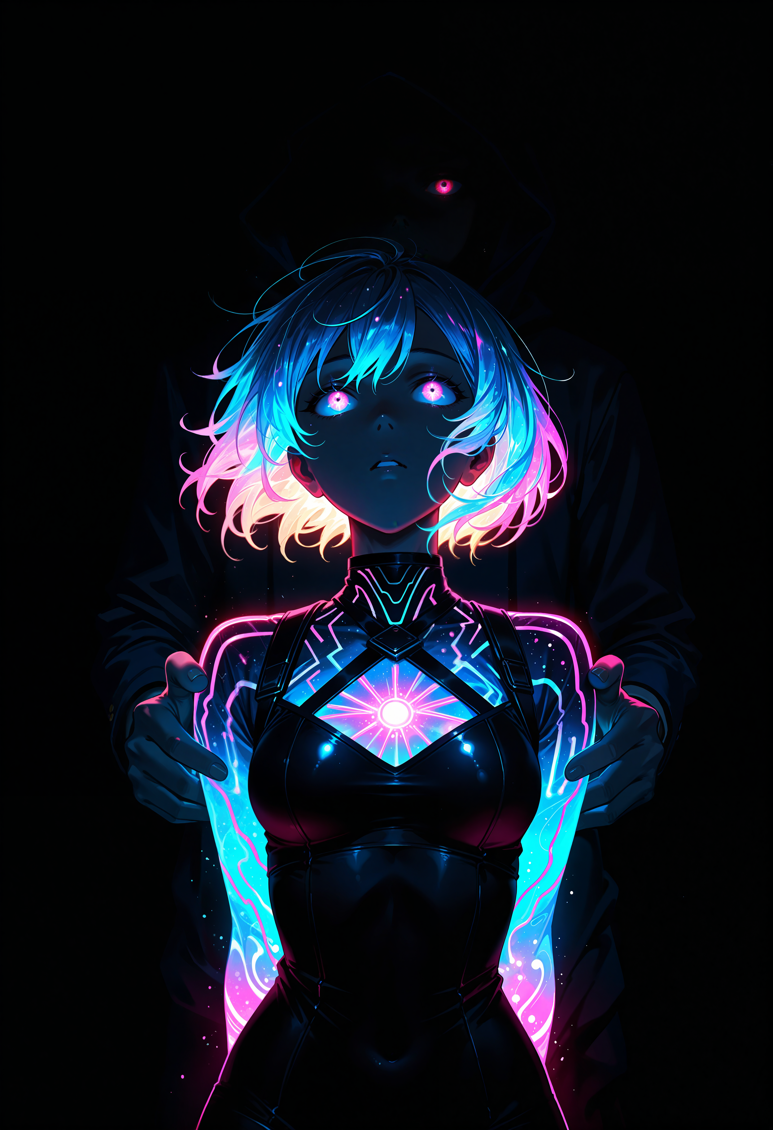 masterpiece, best quality, good quality, newest, highres, cinematic, volume light,, limited palette, black background, colorful, vibrant, glowing outline, neon, blacklight, 1girl, front view, 1other behind back, looks out, glowing eyes,