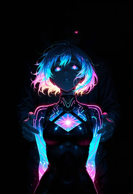 masterpiece, best quality, good quality, newest, highres, cinematic, volume light,, limited palette, black background, colorful, vibrant, glowing outline, neon, blacklight, 1girl, front view, 1other behind back, looks out, glowing eyes,