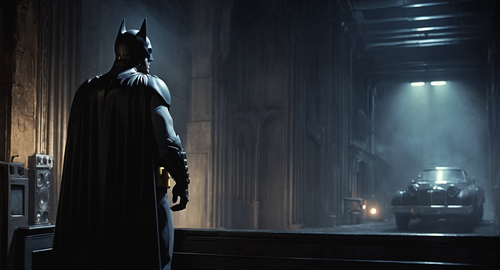 concept art of  Cinematic Film stock footage in (arri alexa style) Kodak film print,  batman 1989 a man in a batman costume standing in a dark room, digital artwork, illustrative, painterly, matte painting, highly detailed