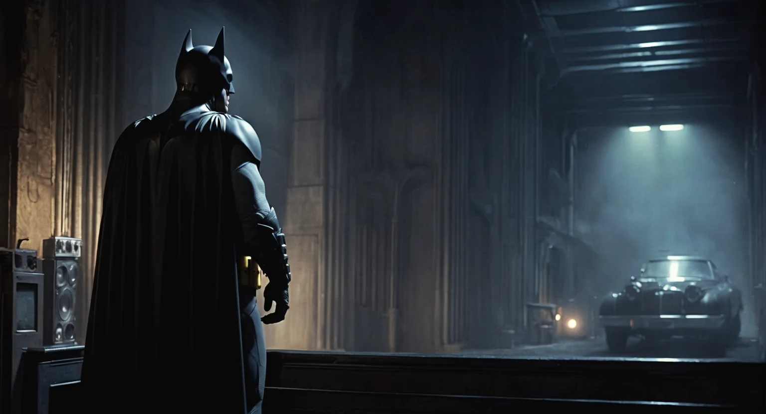 concept art of Cinematic Film stock footage in (arri alexa style) Kodak film print, batman 1989 a man in a batman costume standing in a dark room, digital artwork, illustrative, painterly, matte painting, highly detailed