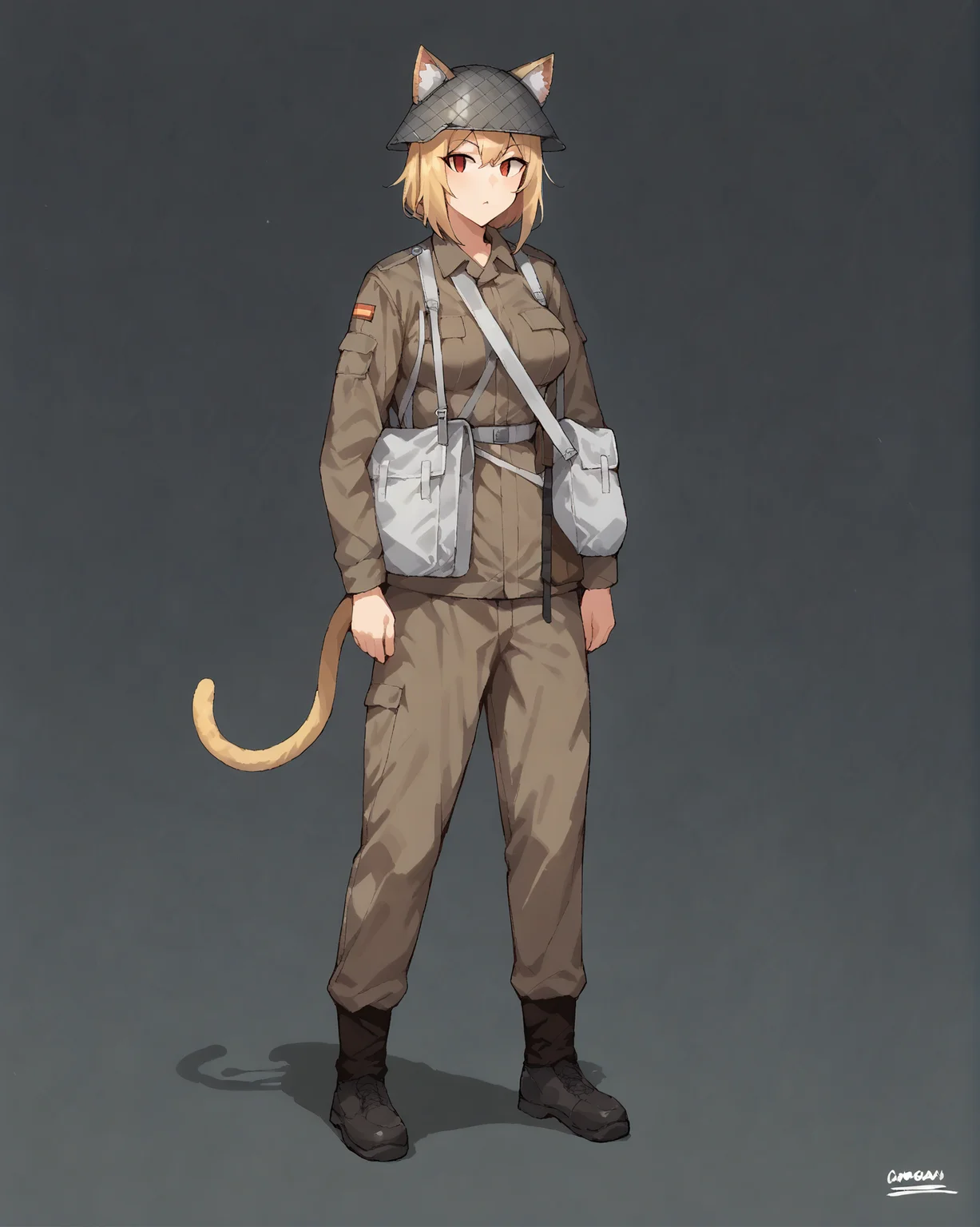 1girl, solo, <lora:necoarc-guy-PONYv1_1:1> necoarc, blonde hair, red eyes, slit pupils, cat ears, ears through headwear, :3, cat tail, medium breasts, <lora:DDR_NVA:1> ddr_nva, uniform, military, military uniform, helmet, camouflage, standing, full body, grey background, gradient background, <lora:age_slider_v4:1> <lora:StS-Breast-Enlarger-Slider-PonyXL-v0.8:2> <lora:StS_PonyXL_Detail_Slider_v1.4_iteration_3:5>, PonyXLV6_Scores, <lora:pony_good_hands:1> good_hands,