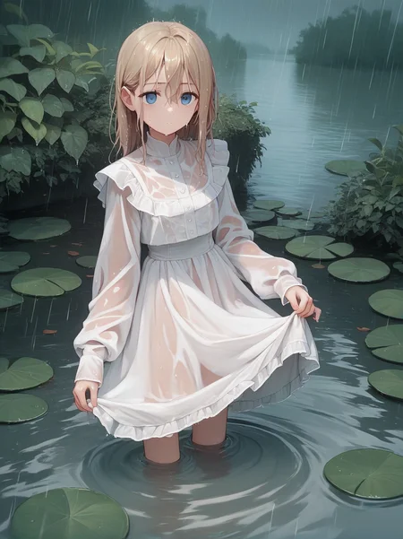 score_9, score_8_up, score_7_up, score_6_up, source_anime, <lora:cutesy_dress_v0.2-pony:1> 
1girl, brown hair, blonde hair, blue eyes, 
white dress, frilled dress, sleeves past wrists, see-through,
wading, water, wet, wet hair, dress lift, rain,
