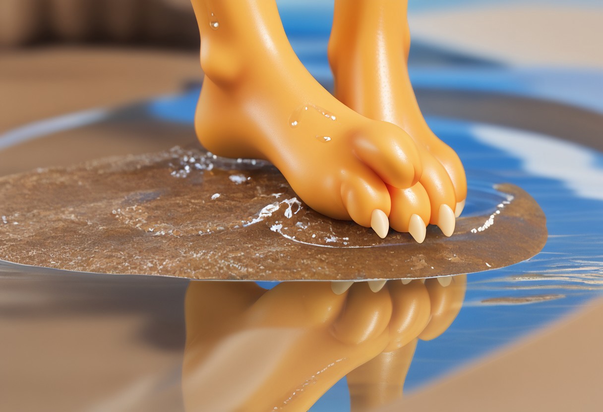 Bubsy, bob cat, barefoot, brown feet, yellow soles, foot focus, 3 toes, wet on feet, water, close up