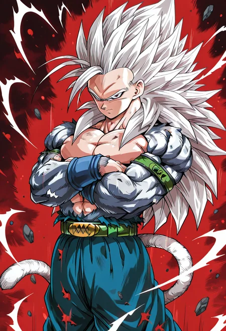masterpiece, best quality, solo, zzGokuSSJ5, white hair, closed mouth, belt, torn clothes, abs, pectorals, armband, <lora:GokuSuperSaiyan5_IXL:0.7>, muscular, crossed arms, spiked hair, serious, aura, super saiyan, monkey tail, vegeta, , <lora:DragonballHype_IXL:0.7>,