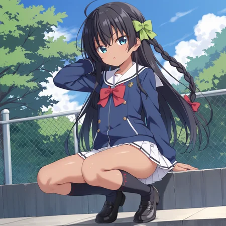 outdoors,  <lora:taiga_sengoku_pony:0.8> taiga_sengoku, flat_chest, dark_skin, long_hair, black_hair, single_braid, green_bow, hair_bow, blue_eyes, school_uniform, white_sailor_collar, blue_jacket, long_sleeves, red_bow, pleated_skirt, white_skirt, black_socks, black_footwear