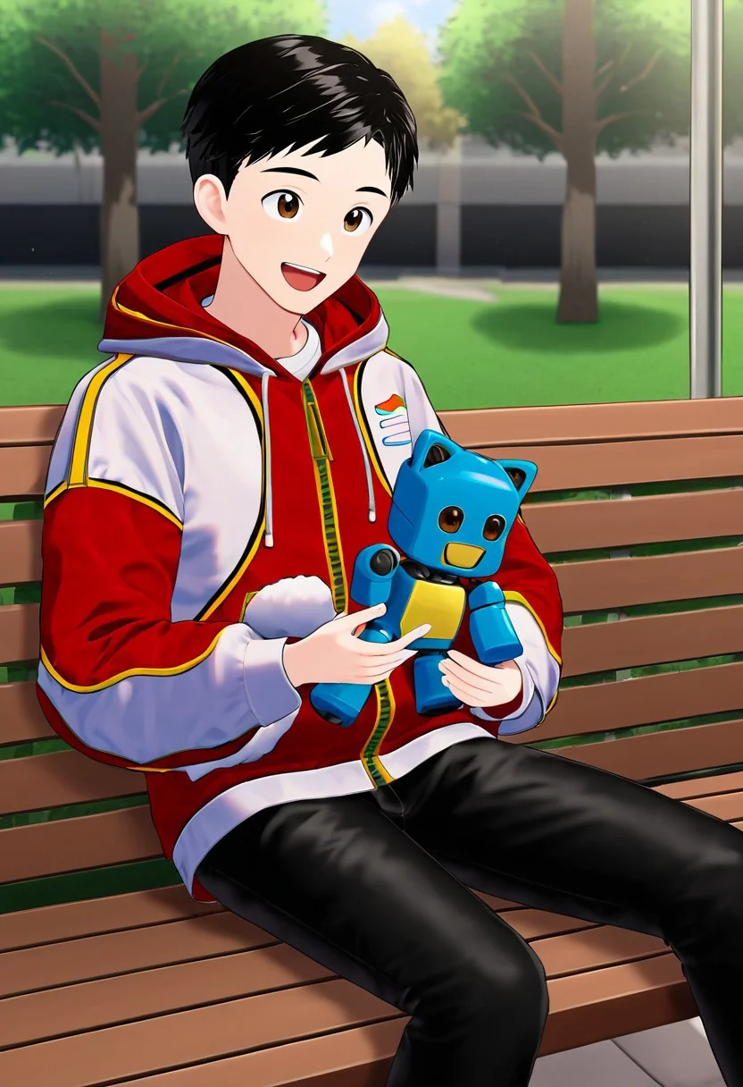 harmard, black hair, short hair, brown eyes, 1boy, (solo:1.20), solo focus, red_white_jacket, black pants, at park, happy expression, sit on bench, holding a robot toy