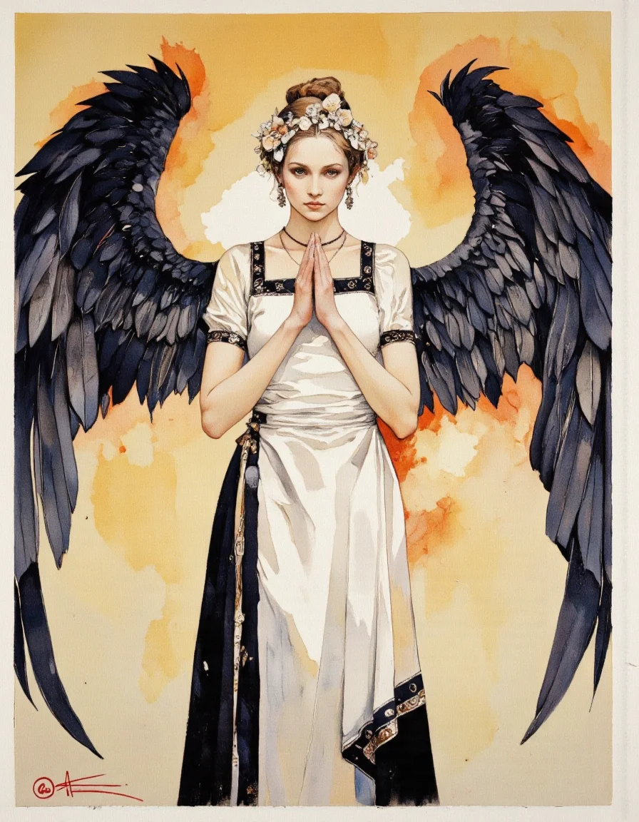 Art by Jeffrey Catherine Jones. A watercolor painting of a woman with large black wings, standing in the middle of the image with her hands clasped together in prayer. she has a serious expression on her face and is wearing a white dress with black trim and a black skirt. her hair is styled in a bun and she is adorned with a crown of flowers. the background is a simple, muted yellow and orange gradient, giving the image a sense of depth and atmosphere. the woman appears to be in her early twenties, with a light skin tone, and her eyes are looking directly at the viewer. her body is slim, and she has large, feathered wings that are spread out behind her. she is wearing earrings and a necklace, adding to the sense of elegance and sophistication in the image.