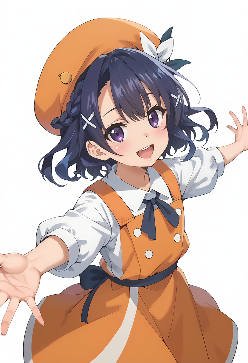 score_9_up,score_8_up,score_7_up,<lora:Riko Yokoya_v1.0_pony-000038:1>,
YAMS_RY,solo,smile,open mouth,orange hat,outstretched arms,hair ribbon,orange headwear,white shirt,looking at viewer,blue eyes,blue hair,orange dress,braid,
cowboy_shot,white_background,simple_background