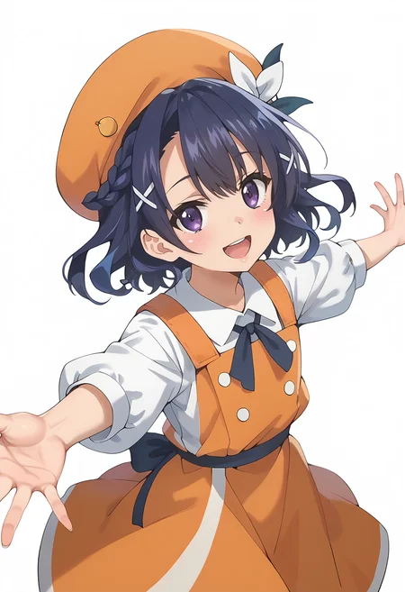 score_9_up,score_8_up,score_7_up,<lora:Riko Yokoya_v1.0_pony-000038:1>,
YAMS_RY,solo,smile,open mouth,orange hat,outstretched arms,hair ribbon,orange headwear,white shirt,looking at viewer,blue eyes,blue hair,orange dress,braid,
cowboy_shot,white_background,simple_background