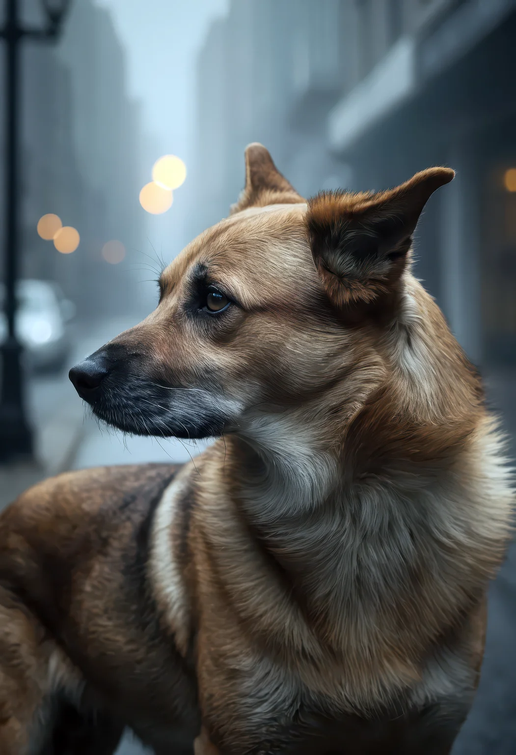 hyper-realistic award-style photograph of a dog in dense street fog, upper profile view, (medium long shot:1.4), striking glossy eyes reflecting ambient light, richly detailed fur with fine texture, dramatic side lighting illuminating one side of the face, cold haze swirling in the background, crisp focus with finely controlled depth of field, muted color tones, cinematic atmosphere, street-level realism, photorealistic rendering, highly detailed textures, emotional visual narrative, professional photography, ultra sharp, stunning color grading, masterpiece