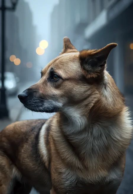 hyper-realistic award-style photograph of a dog in dense street fog, upper profile view, (medium long shot:1.4), striking glossy eyes reflecting ambient light, richly detailed fur with fine texture, dramatic side lighting illuminating one side of the face, cold haze swirling in the background, crisp focus with finely controlled depth of field, muted color tones, cinematic atmosphere, street-level realism, photorealistic rendering, highly detailed textures, emotional visual narrative, professional photography, ultra sharp, stunning color grading, masterpiece