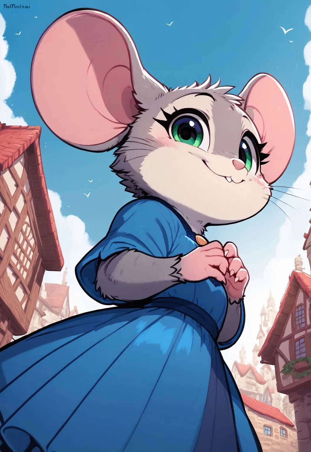 score_9, score_8_up, score_7_up, score_6_up, score_5_up, score_4_up, fluffylewdsai, makkuro m0use_maximilla, cute, [][][][][] (solo), blue dress, (cute:2), upper body shot, (close up), (low angle view:1.5), outdoors, happy expression, (side view:1.5), village, look at viewer