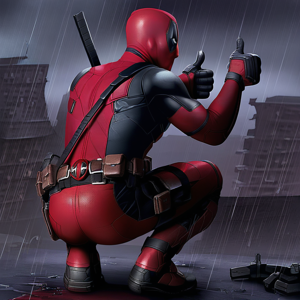 thumbs up, rain, red bodysuit, Squatting, superhero, deadpool, gloves, male focus, 2 guns, ass, belt