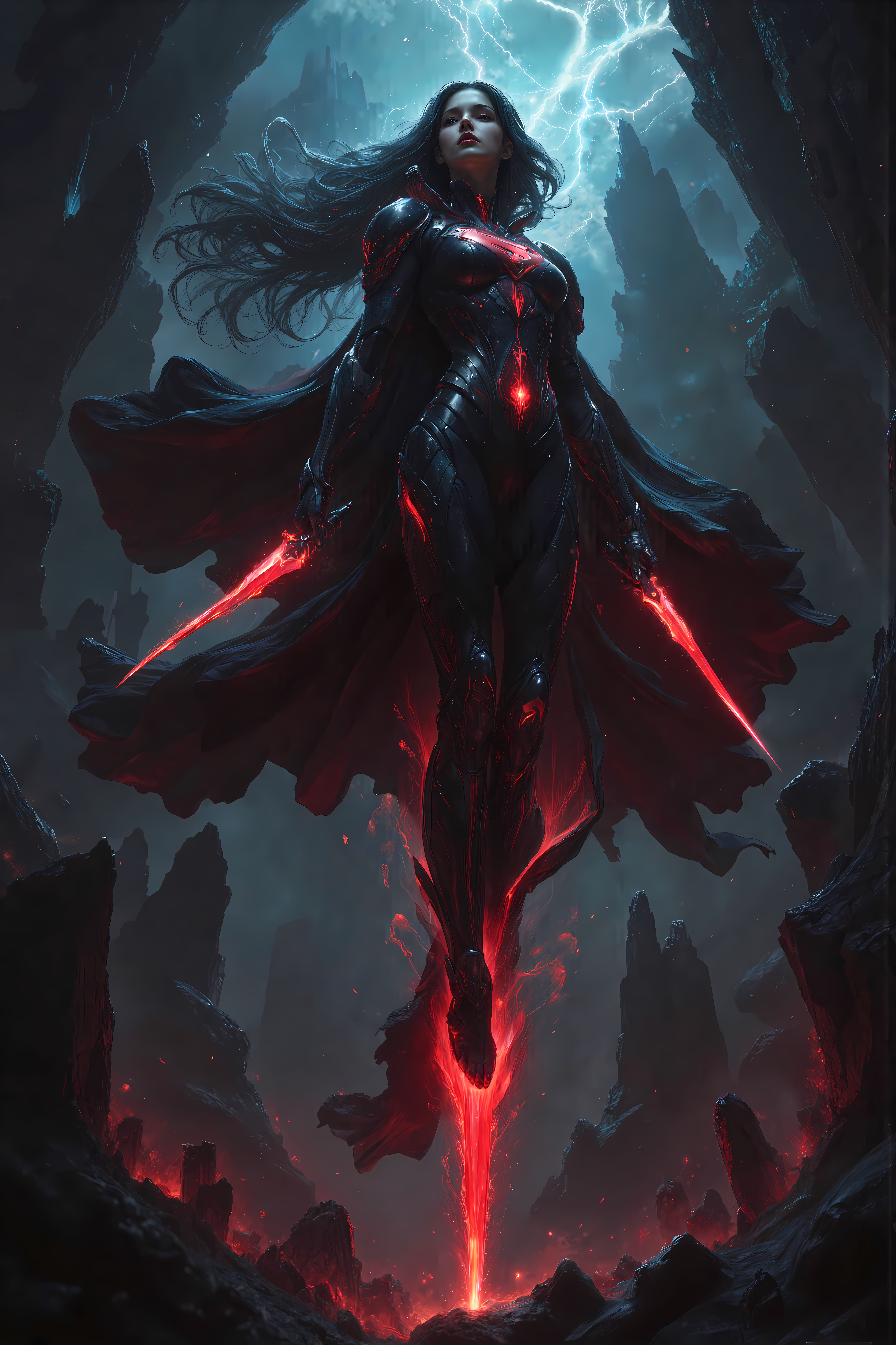 A breathtakingly beautiful Kryptonian warrior floats high in the storm-torn sky, her silhouette illuminated by cinematic lightning above shattered alien ruins. She has flawless facial features — luminous fair skin, high cheekbones, sharp red eyes, and soft pink lips, framed by flowing dark hair that flutters weightlessly around her. Her tall, slender body is sculpted to perfection — narrow waist, delicate chest, and long, graceful legs.

Suspended in air, her pose is dynamic and controlled. One leg bends slightly forward, the knee raised just ahead of her body in an elegant curve, while the other leg hangs down naturally with relaxed tension. Her spine remains straight, hovering with unshakable composure. In both hands, she wields twin short curved daggers — the blades glowing with vivid crimson energy, like molten crystal forged in Kryptonian fire.

She wears advanced ceremonial battle armor inspired by *Man of Steel*, merging ancient regality with futuristic technology. Her armored plating includes angular shoulder pauldrons, ribbed side guards, and articulated gauntlets, all seamlessly integrated into a high-tech bodysuit. Dark crimson luminous filaments trace across her form — pulsing with alien energy along her waist, limbs, and collar.

At the center of her chestplate burns a glowing red Kryptonian insignia, distinct from Superman’s S — a radiant emblem of her lost house. A black and red cape unfurls behind her, rippling in slow arcs through the storm, enhancing her solemn presence.

She floats amidst shattered crystal towers and fragmented stone monoliths of ancient Krypton, suspended in low gravity. Rain falls upward around her in drifting spirals. She is a sentinel of defiance — graceful, lethal, and impossibly composed — a holy figure against a broken sky.

masterpiece, best quality, cinematic lighting, 8K, kryptonian warrior, floating in sky, dramatic aerial pose, reverse grip glowing red daggers, red sigil on chestplate, protective alien armor with shoulder guards, MoS-inspired biomechanical plating, glowing crimson veins, sci-fi gothic ruins, full body, ultra detailed face, tall slender feminine body, divine beauty.