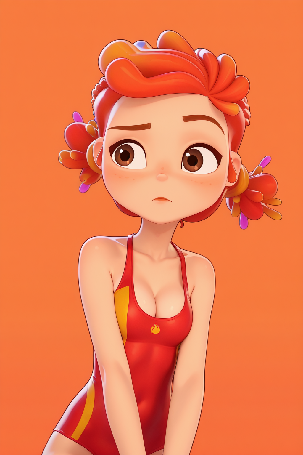 1girl, solo, FAlenkaF, orange hair, brown eyes, swimsuit, medium breasts, cleavage, orange background, simple background