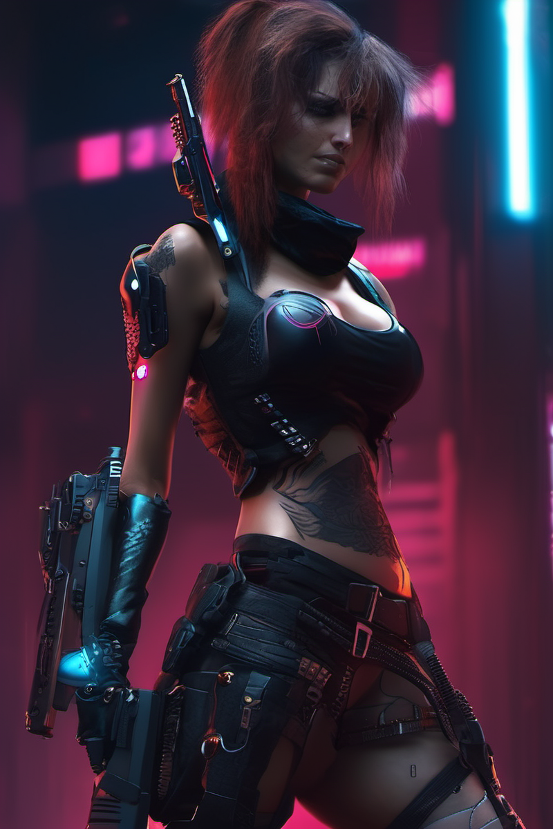 <lora:cyberpunk_xl-000004:1> cyberpunk a beautiful women, weapons, boots