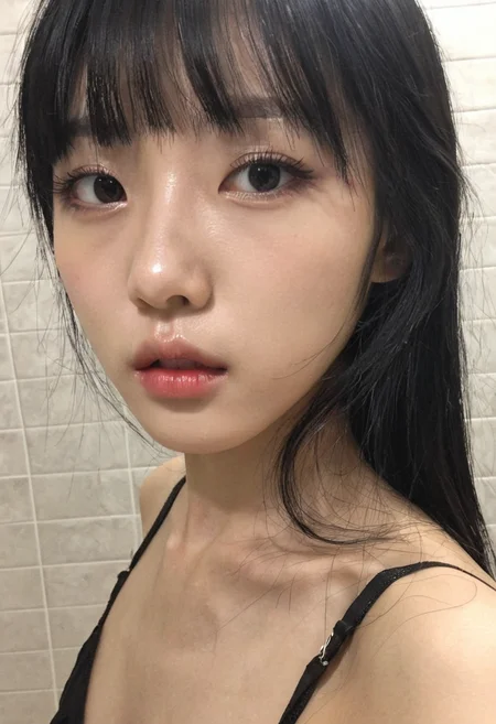 blurry, instagram,photo taken with iPhone,a Korean woman, solo, black hair, long hair, looking at viewer, parted lips, bangs,face close-up,indoors,makeup,tile wall,bathroom, high detail skin