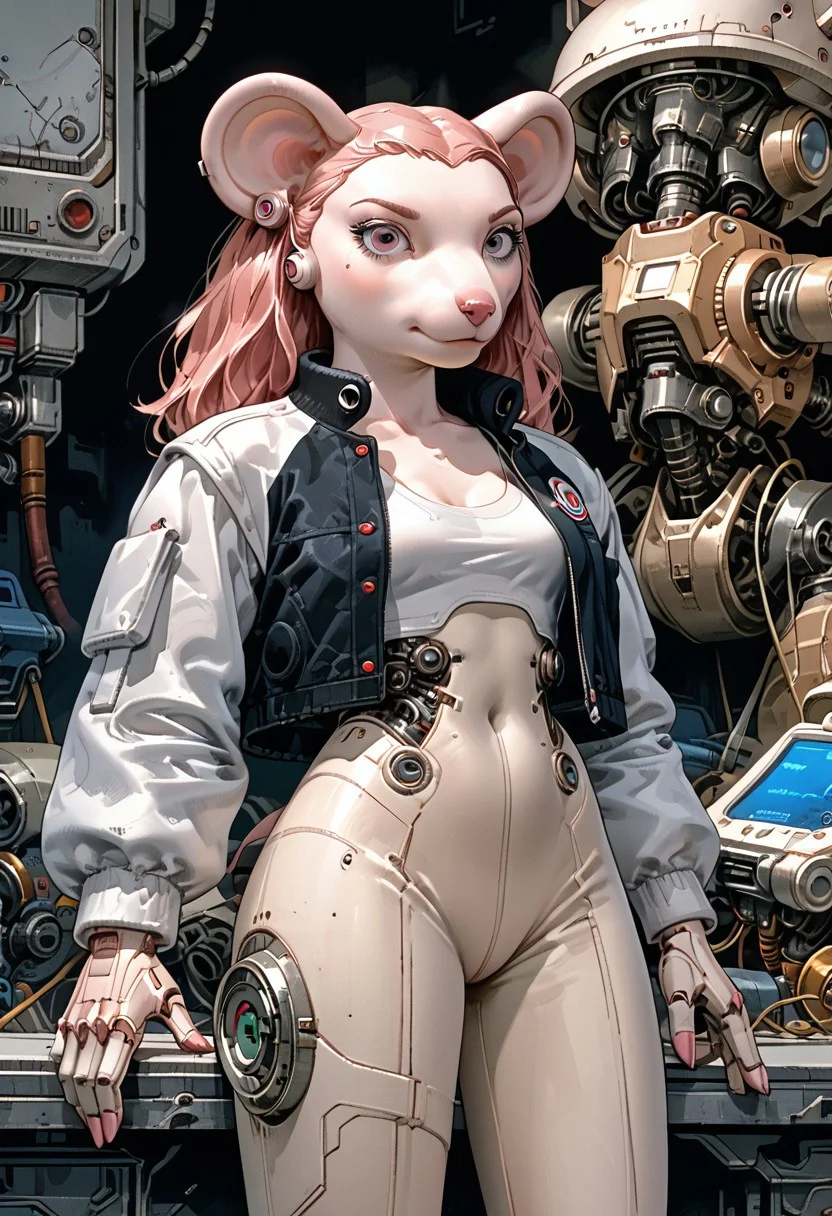 score 9, score 8, score 7, technoarcanumxr, 1girl, solo, furry, science fiction, angelina ballerina, knva, jacket, mech,