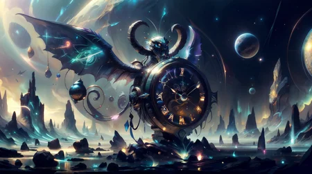 (masterpiece, best quality, fullscreen), [(full body:1.1)::0.3] portrait (photo of a big [Gentle::0.1] [magical being:humanoid creature:0.4]:1.2), <lora:EYES gouacheeyes:0.2> eyes, (bioluminescent glowing Gritty skin:1.3), (Alien:0), (Long Legs:1), (Horned Ears earth Wings Tentacled Mouth Scaled Appendages:1.1), (human form with Sharp Claws:1.1), <lora:EFFECT ral-alienzkin-sd15.safetensors:0.5> (alienzkin:1.3), <lora:MONSTER CuteCreatures:0.4> (Cu73Cre4ture:1.1), <lora:EFFECT clockwork-style-darquelilly-v3:0.2> clockworkstyle, <lora:BACKGROUND BG_Alien_Planet.safetensors:0.3> (BG_Alien_Planet:1.2), <lora:BACKGROUND Scene_SS.safetensors:0.1>,(giant Ridged clock cadran in the background:1.3), ([Quantum Lights,Halo]:1.1), (Beaming atmosphere:1), , (look at the viewer:0.9), <lora:SLIDER weight_slider_v2:-0.5>, <lora:EFFECT GlowingRunesAIv4-000005.safetensors:0.5> (GlowingRunes_pink:1.2), (Full body Shot, Shallow Focus Shot, Low Angle Shot:[1.2:0.5:0.1]), <lora:EFFECT photogram-light-style-darquelilly:0.6> (photogramlightstyle:1.2), <lora:LIGHT epi_noiseoffset2:0.2>, <lora:QUALITY add_detail:0.3>, <lora:QUALITY PotatEnhancer_V1_6:0.1>, <lora:QUALITY kkw-better-v1.0a:0.7>, <lora:BACKGROUND booscapes_v2:0.4>, heavily detailed, eerie, (asymmetric composition:1.4), (sharp focus), <lora:EFFECT Magic card fakemtg_label:1> fakemtg, <lora:BUILDING German_architecture_last:0.6>, (no humans), (embedding:VIEW_Style-DoF), intricate, wild, highly detailed, centered,, digital painting, artstation, concept art, smooth, sharp focus, illustration, artgerm, donato giancola, Joseph Christian Leyendecker, Les Edwards, WLOP, Artgerm